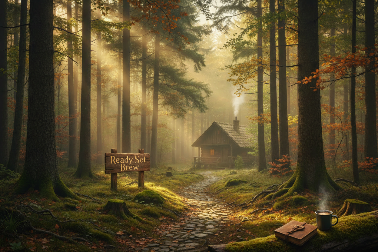 Cozy forest scene with Ready Set Brew wooden sign